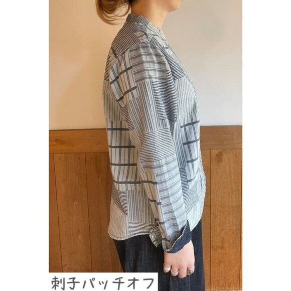 BlueTrick Okayama Stand Collar Shirt with Sashiko Patch Sz M Japan Shacket - Picture 2 of 13